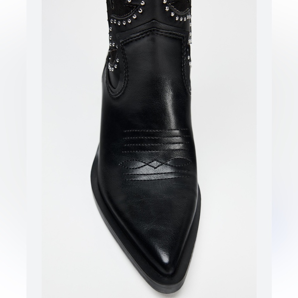 Zara NWT black heeled studded fringe wide mid calf cowboy boots 3062/410 - Picture 7 of 7